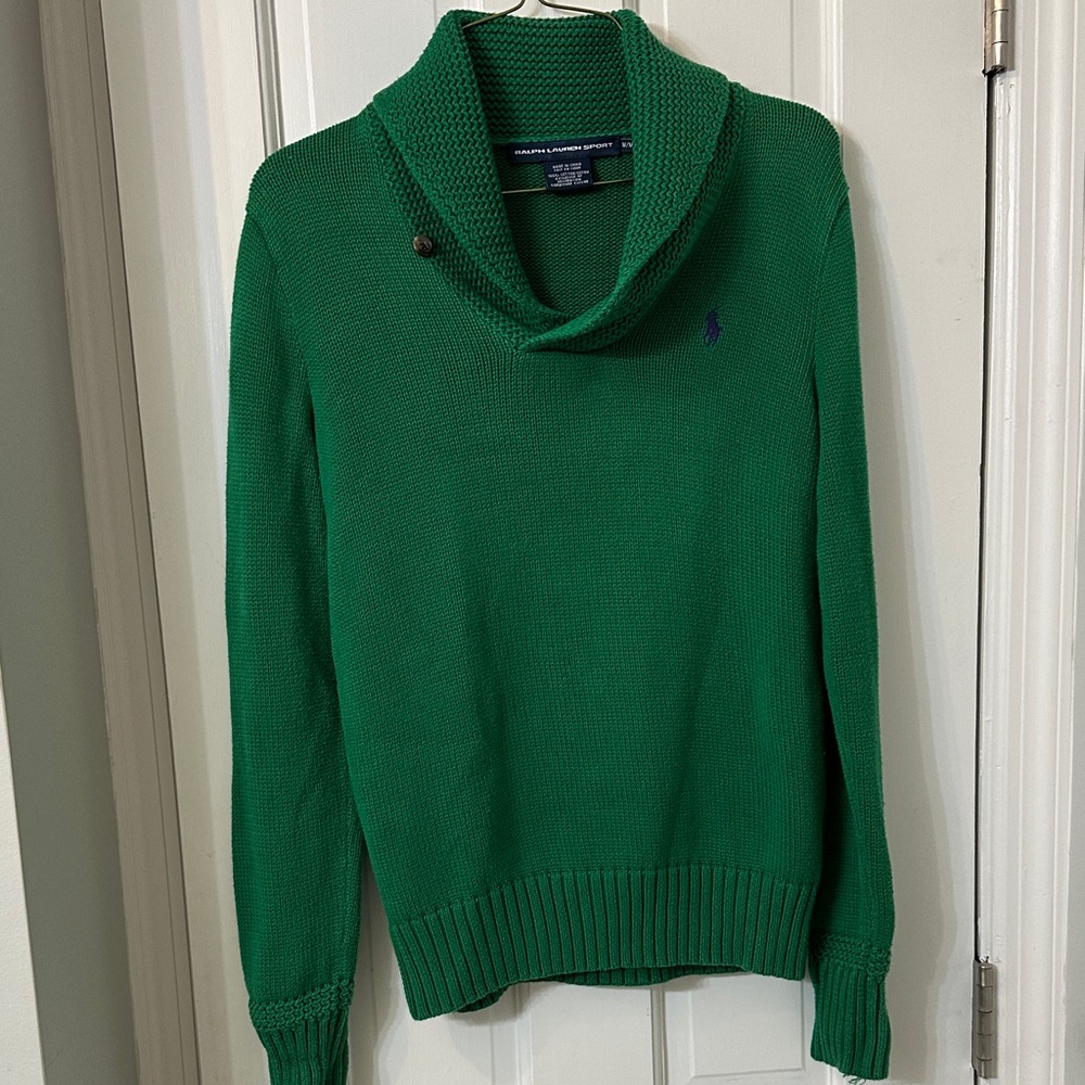 Women’s Kelly green Ralph Lauren Sport shawl collar sweater preppy EUC Medium